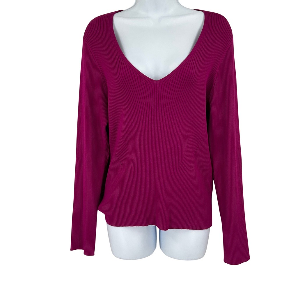 Express Ribbed V-Neck Sweater Womens XL Magenta Pink Knit Jewel Tone Preppy